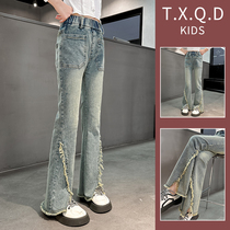 Girl Pants Spring New Korean Teas Personality Open Fork Hair Side Jeans 2024 Childrens Spring Trumpeter Pants Big Child Clothing
