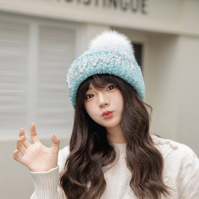 秋冬百搭大头围显脸小毛线帽子女韩版户外保暖亮丝字母刺绣针织帽,淘宝优惠券,粉丝福利购,淘宝优惠卷