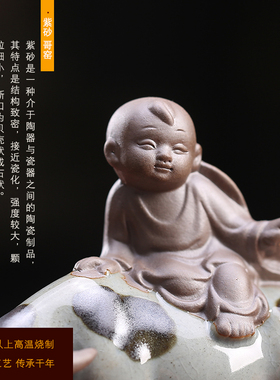 速发装意陶瓷牧童骑牛童子摆件紫盆茶宠鱼缸砂景造景微景观创饰品