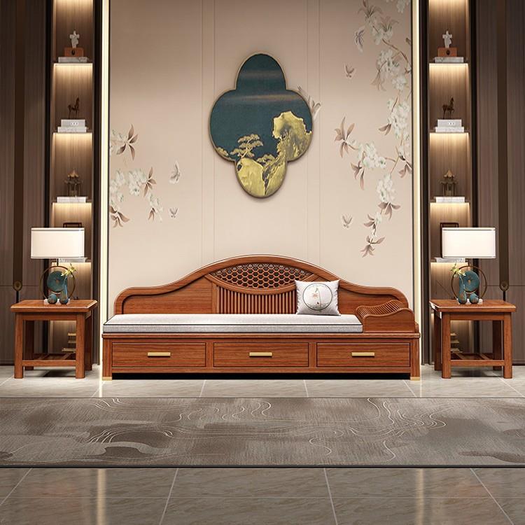 新中式紫金檀木实木贵妃椅冬夏两用木蜡油沙发椅小户型储物沙发床 - 图1