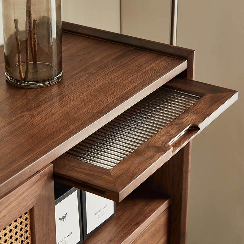 yamoo北欧实木餐边柜现代简约北美黑胡桃茶水柜藤编玻璃门储物柜,淘宝优惠券,粉丝福利购,淘宝优惠卷