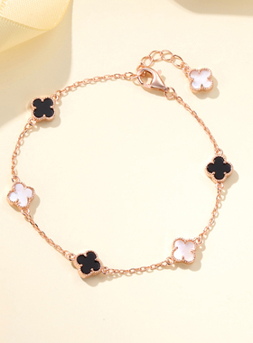 真S925银玛瑙四叶草手链女手串