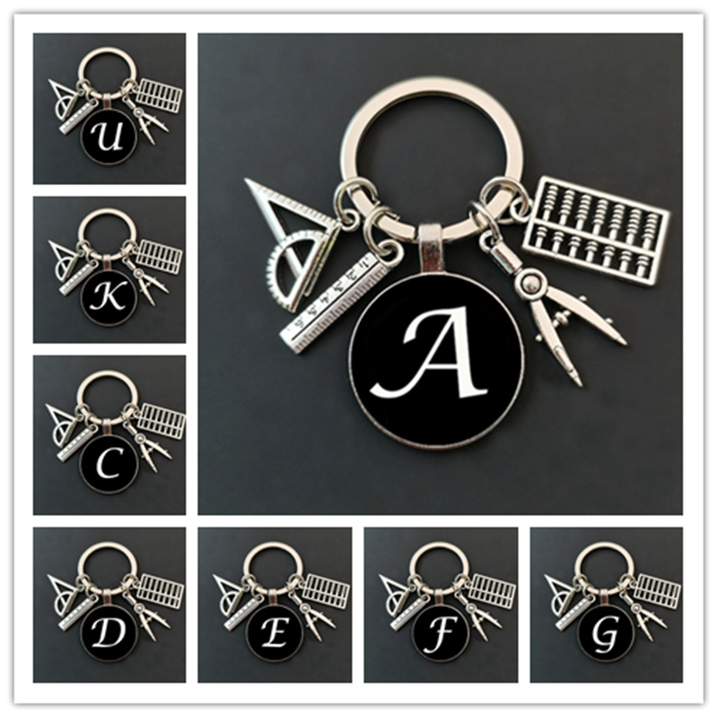 网红26 letter glass keychain, compass triangle ruler pendant - 图0