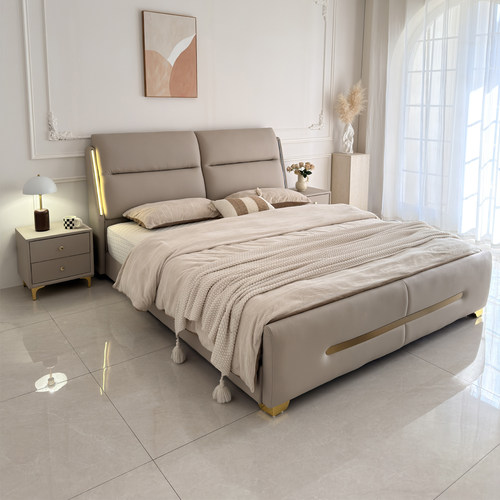 意式真皮床2米x2米2主卧大床现代轻奢高级感1米8皮艺软包储物婚床 - 图1