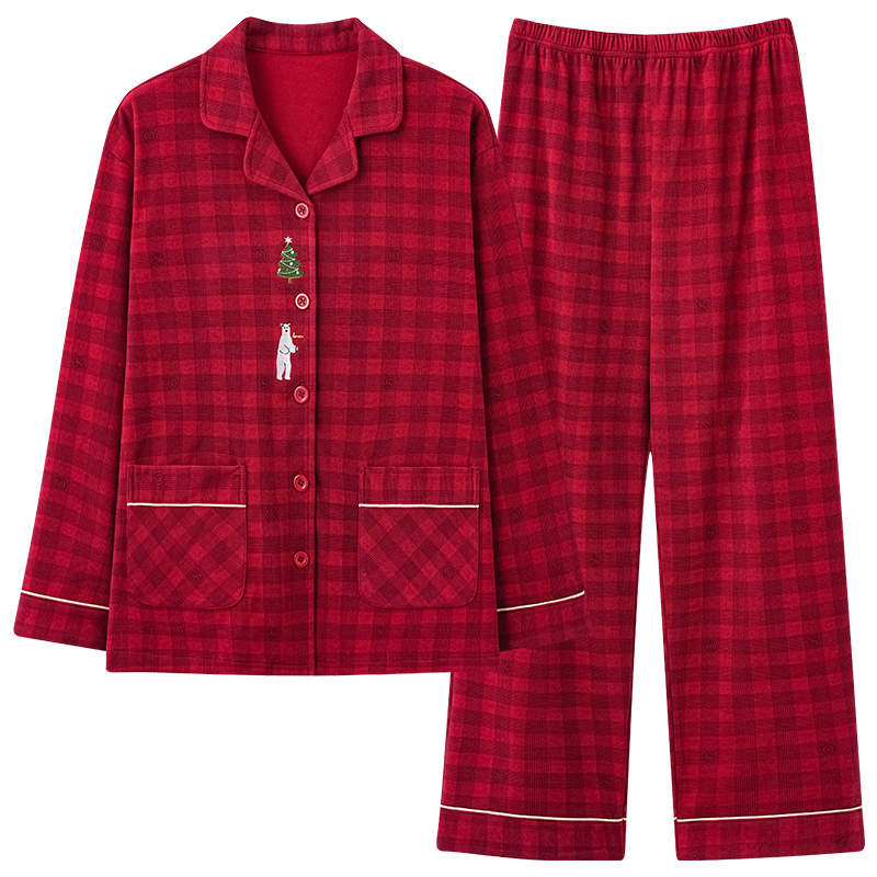 都市丽人情侣睡衣女红色结婚新婚加绒秋冬德绒长袖家居服男套装 - 图0