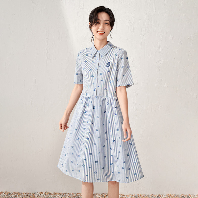 【商场同款】茵曼竖纹绣花女士伞裙子 茵曼一零一度连衣裙