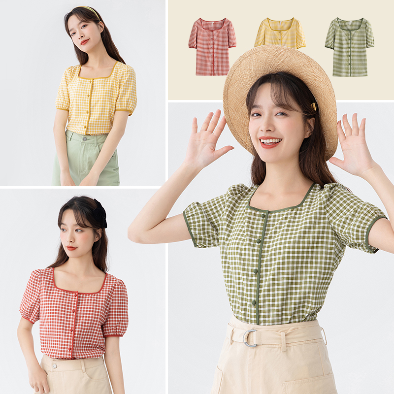 茵曼夏装新款显瘦方领复古格纹衬衣 茵曼一零一度衬衫