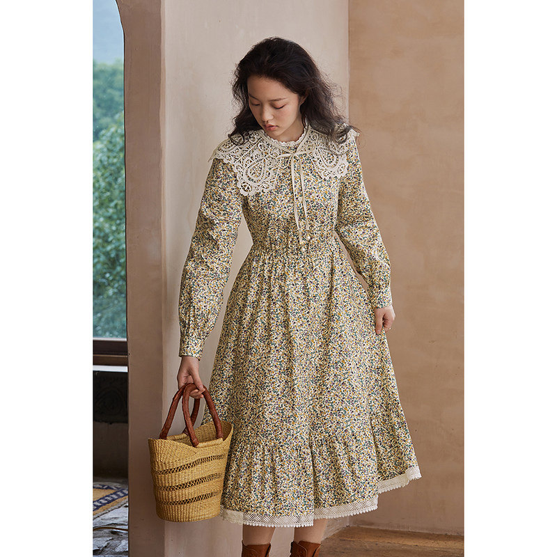 茵曼2021秋季新款圆领花边连衣裙 茵曼一零一度连衣裙