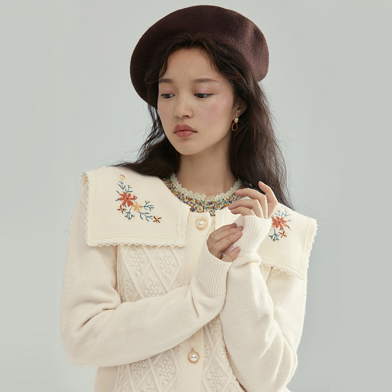 茵曼旗舰店外套女2021秋刺绣毛衣 茵曼一零一度毛衣