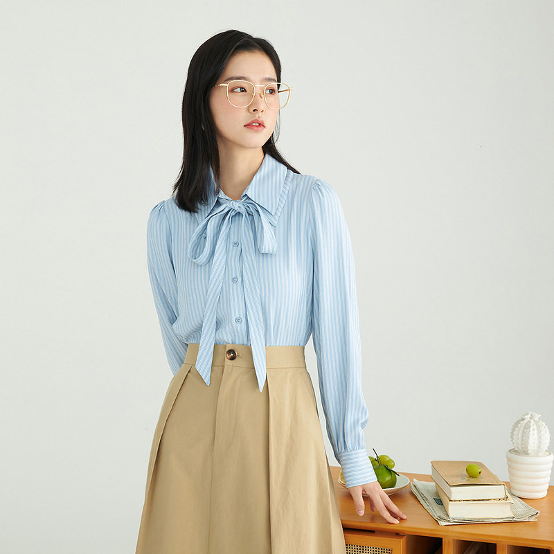 茵曼竖纹2022春季新款双层翻领衬衫 茵曼一零一度衬衫