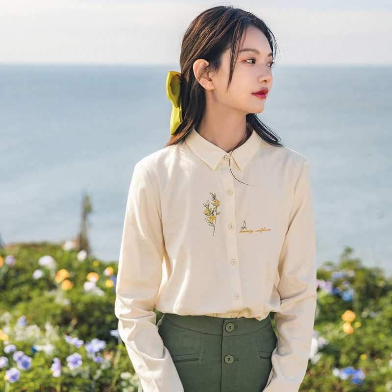 茵曼旗舰店长袖绣花复古纯棉衬衫 茵曼一零一度衬衫