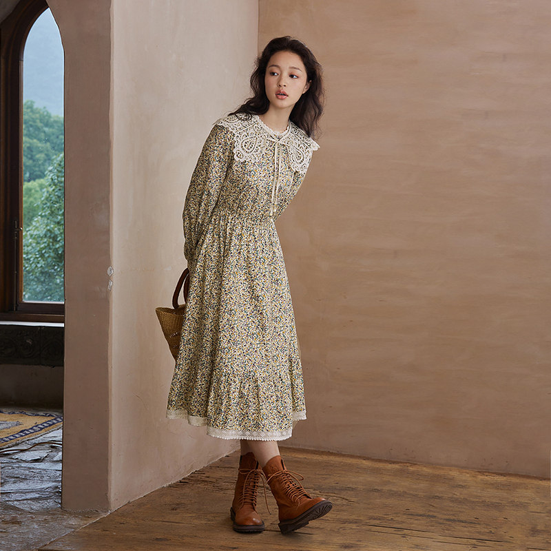 茵曼2021秋季新款圆领花边连衣裙 茵曼一零一度连衣裙