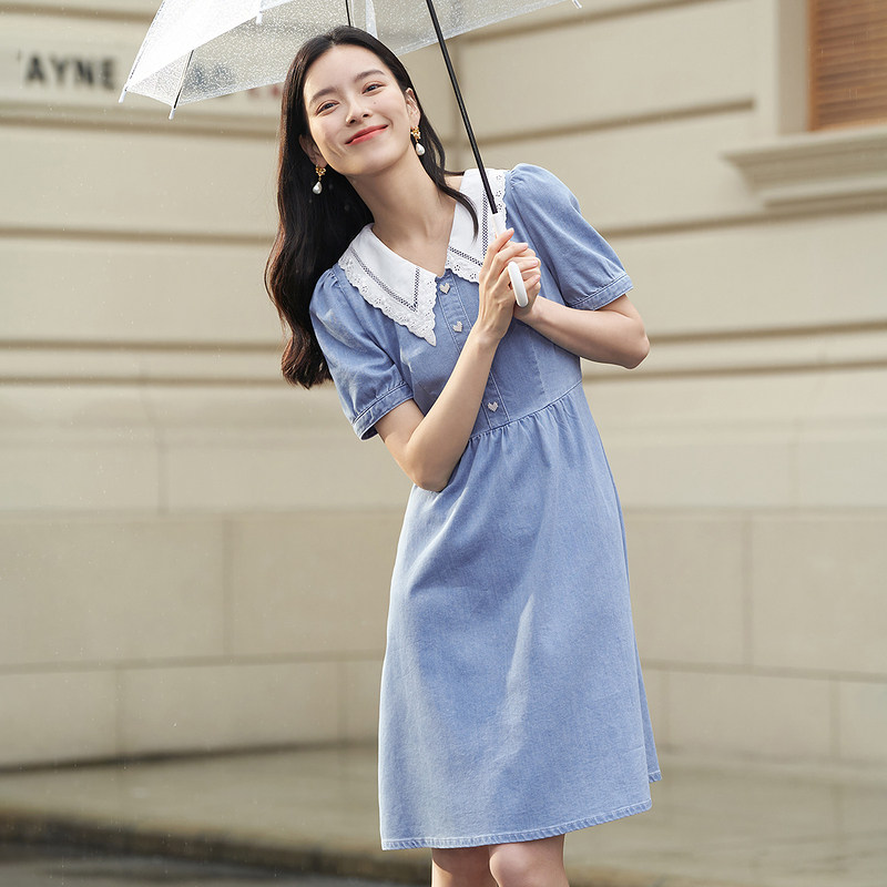 茵曼蓝色牛仔女士2022新款子连衣裙 茵曼一零一度连衣裙