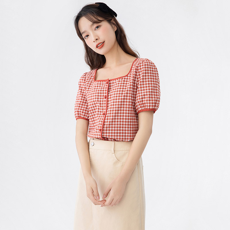 茵曼夏装新款显瘦方领复古格纹衬衣 茵曼一零一度衬衫