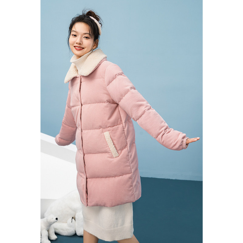 茵曼灯芯绒女新款毛绒领中长款宽松 茵曼一零一度羽绒服