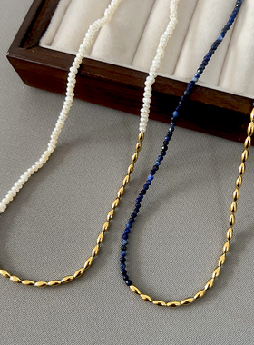 法国小众设计金粒拼接小米珠/青金石串珠项链手链轻奢时尚锁骨链