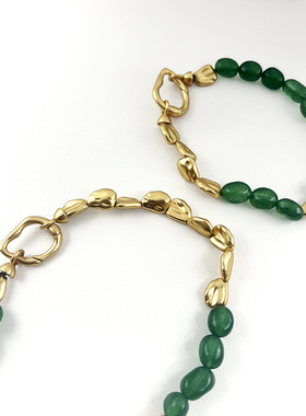 新款天然不规则绿宝石金属拼接串珠项链手链复古高级感锁骨链