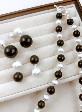 拼接拉丝圆球黑木珠串珠项链锁骨链耳钉个性百搭小众轻奢高级感