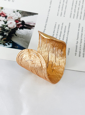 法式金属线条海浪镀金手镯戒指