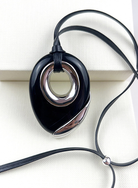 镀金黑玛瑙长款黑皮绳吊坠项链