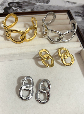 欧美镀金极简镂空粗链式宽版开口手镯女可调节轻奢小众高级感