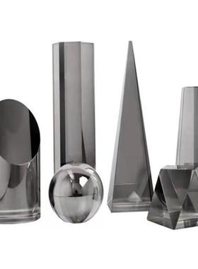 简约现代几何体磨砂水晶球透明圆锥柱摆件样板间金字塔桌面装饰品