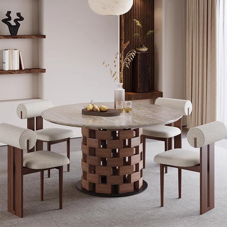中古风天然洞石圆形餐桌椅组合轻奢感实木饭桌奢石小户型家用 - 图0