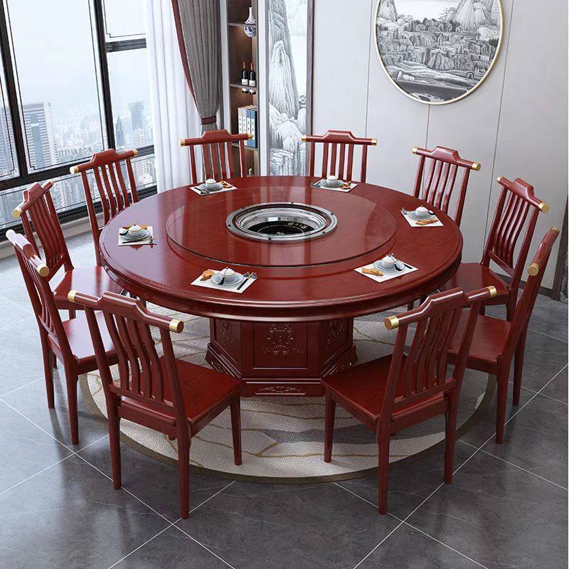 下沉式电磁炉火锅桌新中式实木圆形餐桌椅家用饭店用10人吃饭桌子,淘宝优惠券,粉丝福利购,淘宝优惠卷