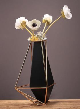 新中式轻奢几何金属花瓶摆件客厅玄关餐桌样板房装饰品电视柜花器