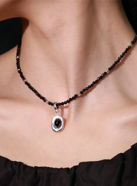 9.19小宝S925纯银几何椭圆牌黑玛瑙吊坠女仅吊坠时尚小众设计项坠