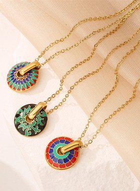 澳古 欧美INS波西米亚风圆形滴油吊坠项链女小众个性钛钢锁骨链新