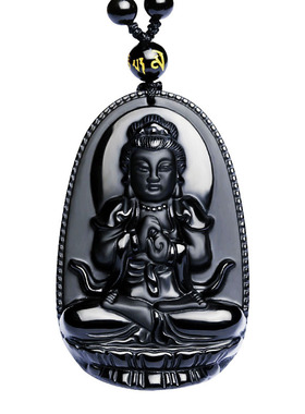天然黑曜石本命佛吊坠大日如来属羊猴菩萨生肖守护神男女纯银项链