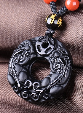 彩虹眼冰种黑曜石双貔貅吊坠平安扣男女款情侣金曜石招财项链饰品