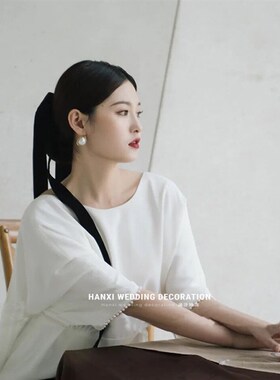 新品韩式新娘头h饰黑色缎面丝绒大蝴蝶结发夹少女绑发发带拍照礼