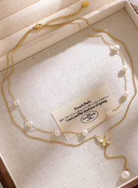 高级感珍珠蝴蝶项链双层锁骨链女