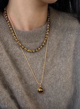 美拉德虎眼石吊坠金棕珍珠项链女