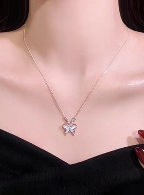 镂空猫眼石蝴蝶项链s925银锁骨链