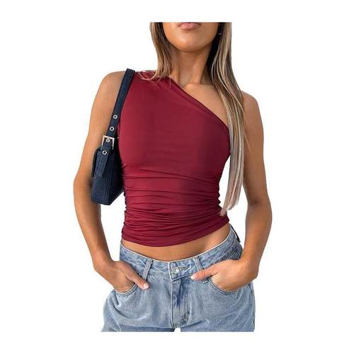 Single shoulder open back pleated vest top T-shirt for women - 图3