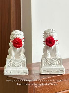 「无聊瞭 摆一对带绣球的石狮子」迷你小狮子 水泥石桌面小摆件