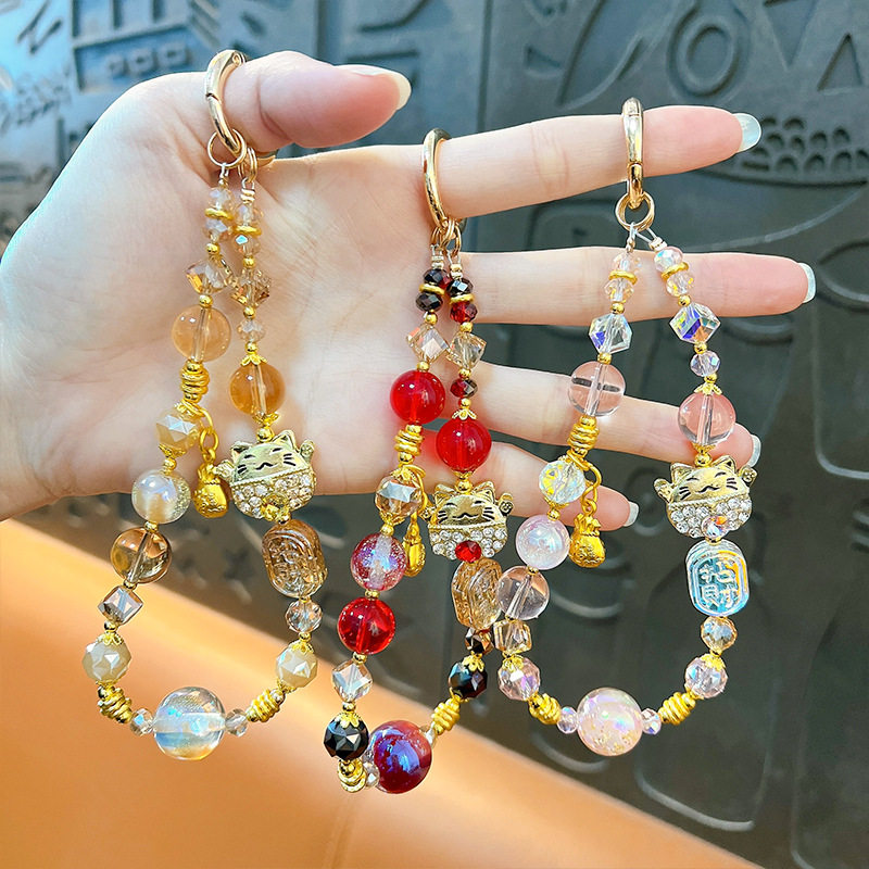 新年款招财猫水晶串珠手机链钥匙扣精致可爱包包配饰手机壳小挂件,淘宝优惠券,粉丝福利购,淘宝优惠卷