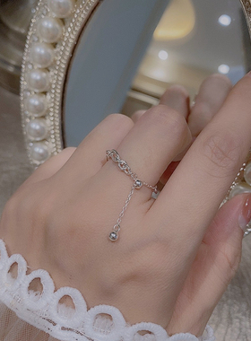 极速纯银链条抽拉戒指女小众2021年新款潮情侣小T众时尚个性素圈