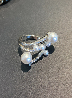 极速戒指女时尚个性缠绕镶钻珍珠指C环开口ins潮网红冷淡风网红食