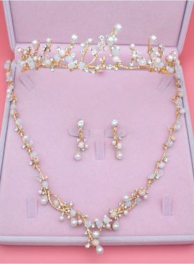 极速韩式新娘金色皇冠水晶珍珠三件套新娘结婚饰R品婚纱配项链耳