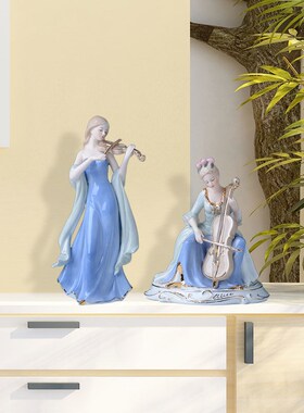 极速墙上置物架装饰品小摆件小提A琴女孩陶瓷人物艺术品创意轻奢
