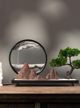 迎客松水墨江山流沙画摆件新中式入户玄关茶室禅意办公桌装饰品