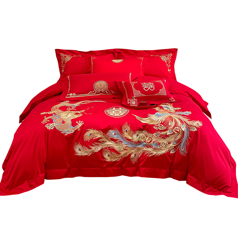 新中式龙凤刺绣婚庆大红四件套结婚红色床单被套新婚陪嫁床上用品
