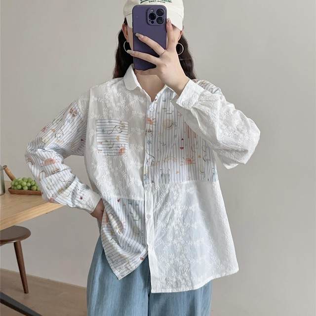 Dream Box 2025 Spring New Cartoon Print Striped Splicing Cotton Shirt Lace Lapel Long Sleeve Loose Shirt