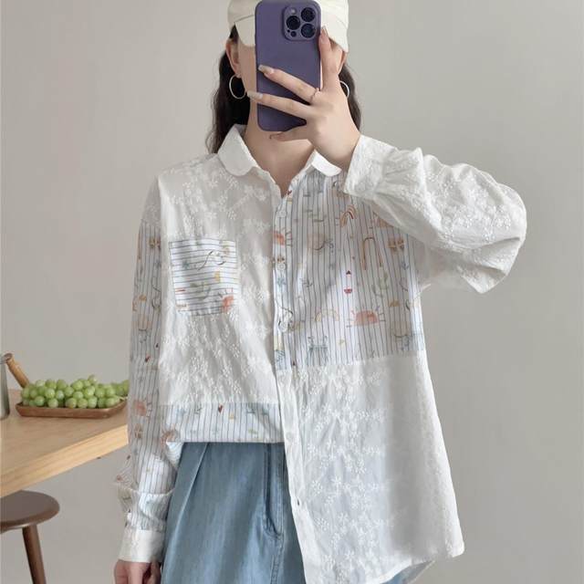 Dream Box 2025 Spring New Cartoon Print Striped Splicing Cotton Shirt Lace Lapel Long Sleeve Loose Shirt