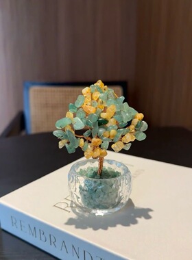 天然黄水晶绿幽灵发财树摆件