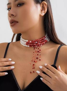 万圣节滴血仿珍珠项链女 时尚长坠流苏水晶网红派对公主装饰品潮